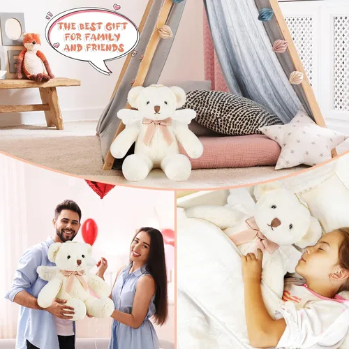 Vista 7 de Sratte Oso de ángel de peluche de 16 pulgadas con alas y lazo suave y lindo juguete de peluche para niños y niñas, cumpleaños, baby shower, bautizo