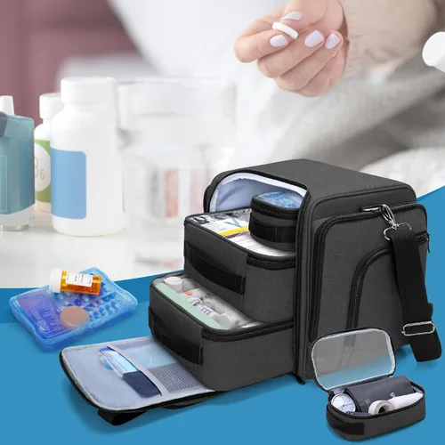Vista 8 de BAFASO Bolso grande organizador de pastillas con 4 bolsas interiores extraíbles, bolsa de medicina con correa para el hombro (SÓLO LA BOLSA), negro