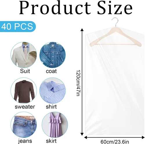 Vista 2 de 40 bolsas de limpieza en seco para colgar ropa, bolsas de plástico transparente de 23.6 x 47.2 in, fundas protectoras de ropa, bolsas de ropa