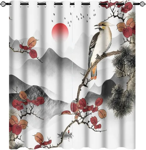 Vista 28 de Cortinas opacas para oscurecer la habitación con ojales, diseño de flores japonesas con ojales, arte retro de primavera y ramas florales, arte
