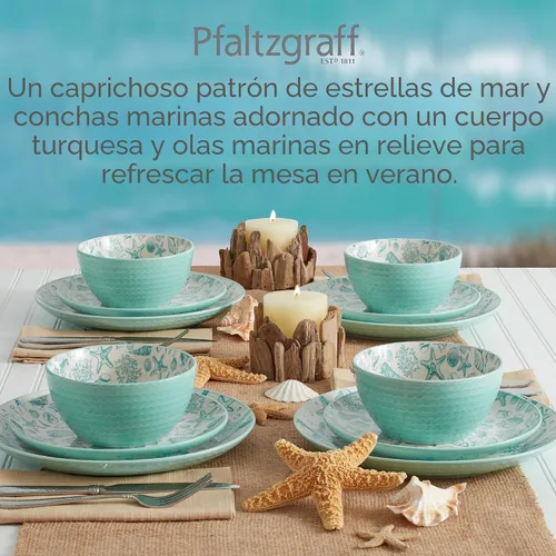 Vista 3 de Pfaltzgraff Venice - Juego de vajilla de gres de 16 piezas, servicio para 4, combinación de colores aqua y blanco, duradero y resistente a astillas