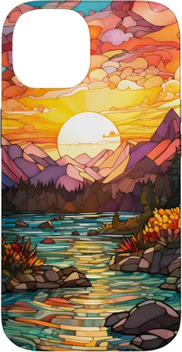 Vista 4 de iPhone 16 Sunset Stained Glass Mosaic Landscape Scene Case