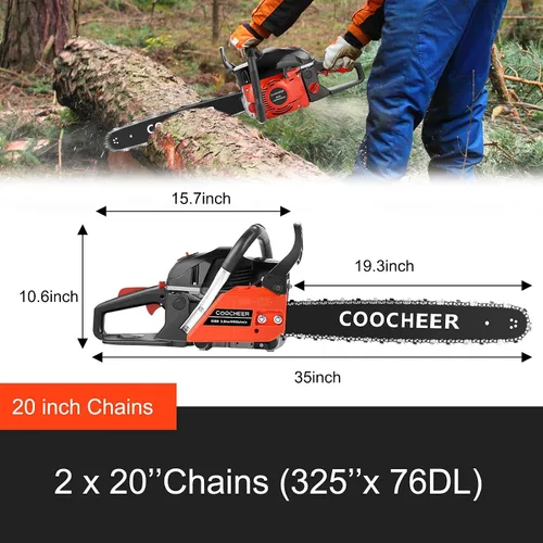 Vista 2 de COOCHEER Motosierra de gas de 62 CC con barra de 20 pulgadas, 2 cadenas y motor de 3.5 HP, motosierra inalámbrica de mano para cortar y limar madera