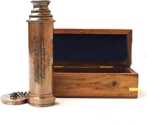 Vista 5 de Telescopio de acabado de cobre vintage con caja de madera regalo marino Londres 1917 instrumento educativo hogar y oficina