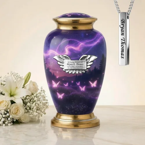 Vista 20 de Juego de 6 urnas de cremación decorativas personalizadas con diseño de mariposa azul para cenizas humanas, incluye 1 urna grande para cenizas