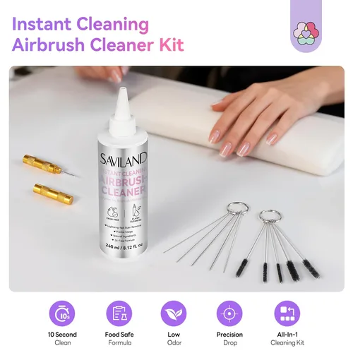 Vista 2 de Kit de Limpieza de Aerógrafo SAVILAND: Kit de Limpieza de Aerógrafo Instantáneo 240ml de 10S, Libre de Acetona con Bajo Olor, Incluye Cepillo