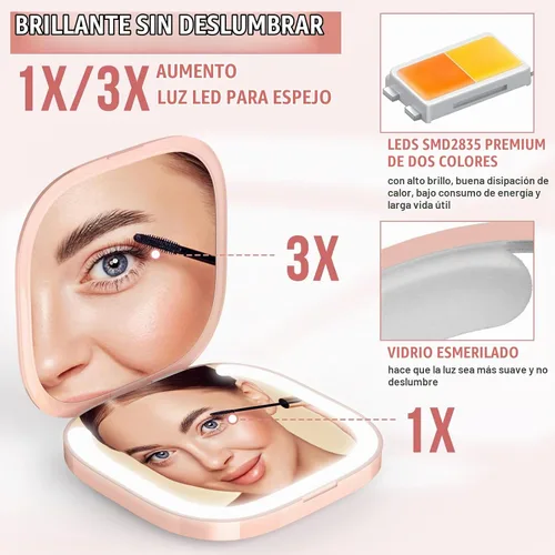 Vista 3 de MY BEAUTY LIGHT Espejo compacto brillante con luz de aumento recargable duradera 1X/3X, espejo de maquillaje de viaje de 3000K-6000K con luces