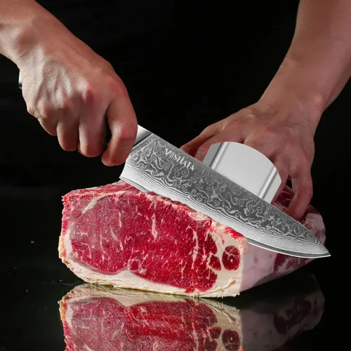 Vista 3 de MOSFiATA Juego de cuchillos de chef profesional de Damasco, 3 piezas, cuchillo de chef de 8 pulgadas, cuchillo Santoku de 7 pulgadas y cuchillo