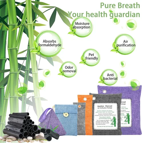 Vista 4 de Bolsas purificadoras de aire de carbón, paquete de 12 bolsas de carbón de bambú de 3.53 onzas, absorbentes de olores, para ambientadores de 4