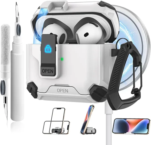 Vista 11 de Meliya Funda para AirPods 4, viene con soporte para teléfono y función MagSafe, funda rígida de protección completa automática emergente con bloqueo