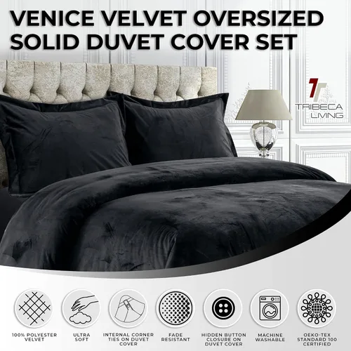 Vista 3 de Tribeca Living - Juego de edredón Venice, de tamaño grande, color sólido, en terciopelo Negro