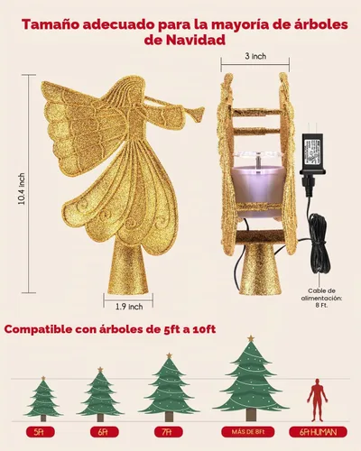 Vista 7 de Punta de árbol de Navidad con ángel y proyector LED de copo de nieve integrado, estrella de pentagrama hueca con lentejuelas doradas, adorno Ángulo