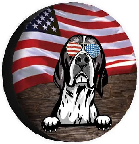 Vista 14 de Cubierta de neumático de repuesto para perro salchicha con gafas de sol con bandera de Estados Unidos, fundas protectoras de ruedas a prueba