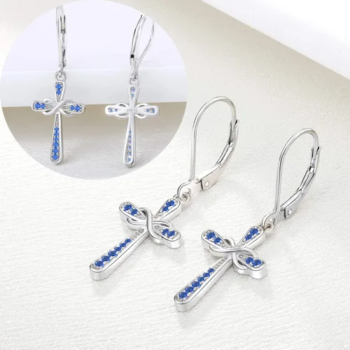 Vista 5 de YL Pendientes de cruz de plata de ley 925, aretes de plata de ley infinita, aretes colgantes de cruz con gota religiosa, regalo de bautismo