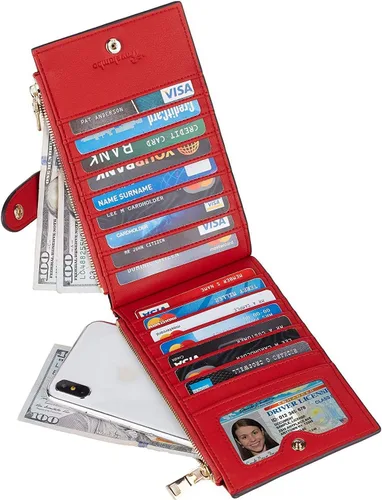 Vista 2 de Travelambo Billeteras de cuero para mujer, delgada, con bloqueo RFID, billetera plegable para tarjetas de crédito, Rojo Clásico, Moda