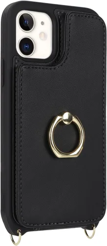Vista 7 de Lipvina Funda tipo cartera cruzada para iPhone 12 Mini con correa, color negro