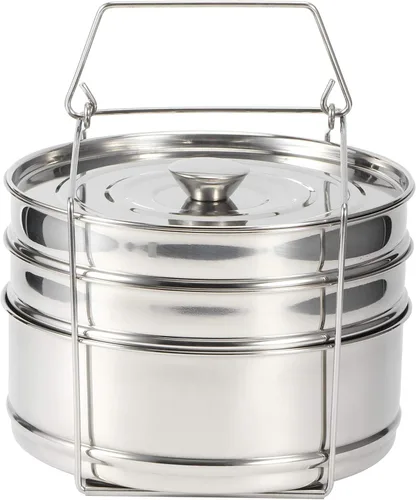 Vista 4 de Juego de ollas apilables de acero inoxidable de 3 niveles para cocinar alimentos a presión accesorios