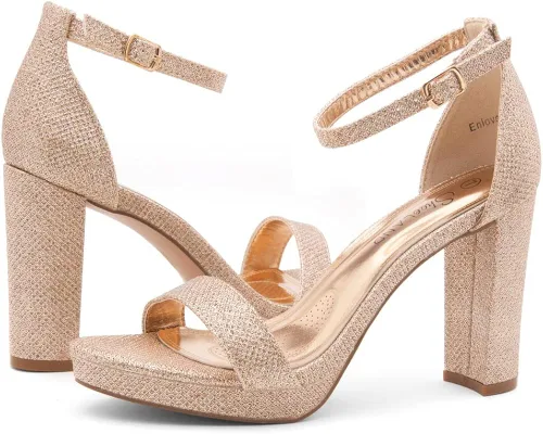Vista 8 de Shoe Land Enlove - Sandalias de tacón alto con plataforma para mujer, puntera abierta, correa de tobillo, tacón grueso, zapatos de tacón grueso