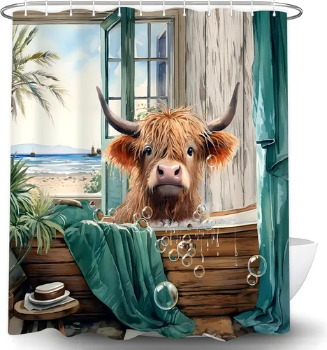 Vista 3 de Highland Cow - Cortina de ducha de verano de 60 pulgadas de ancho x 72 pulgadas de largo, divertida y linda vista al mar, vista al mar, paisaje