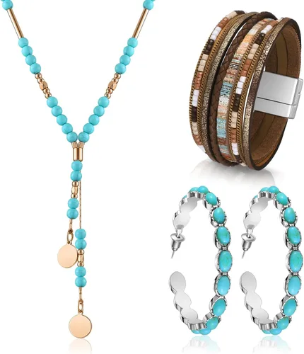 Vista 11 de 3 piezas de joyería boho occidental para mujer, conjunto de joyas de turquesa, aretes vintage, pulsera, collar bohemio occidental para mujer Negro
