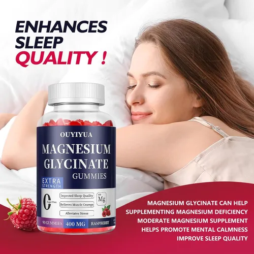 Vista 2 de Glicinato de magnesio 400 mg Gomitas, gomitas de magnesio sin azúcar con vitaminas D, B6 para apoyo al sueño, alivio del estrés y músculos