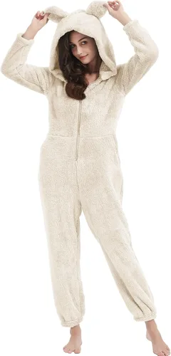 Vista 5 de Pijama con capucha de forro polar para mujer, con cremallera, ropa de dormir con orejas