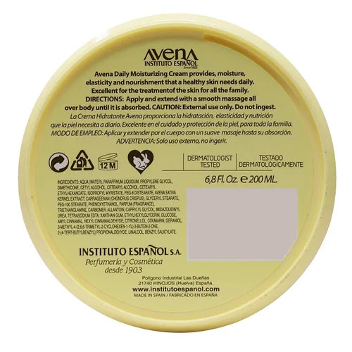 Vista 3 de Instituto Español Avena Crema Hidratante, Loción para manos y cuerpo, Ayuda a humectar, Suavizar y nutrir la piel, Revitaliza y protege la piel, 200