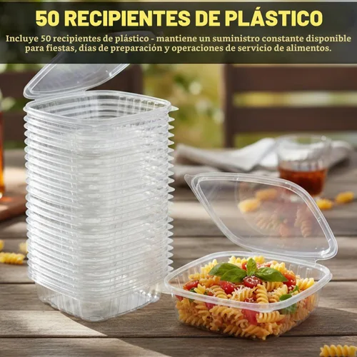 Vista 3 de Contenedores de delicatessen con tapas con bisagras, plástico PET, transparente, 24 onzas, 50 unidades, concha, rectangular, almacenamiento