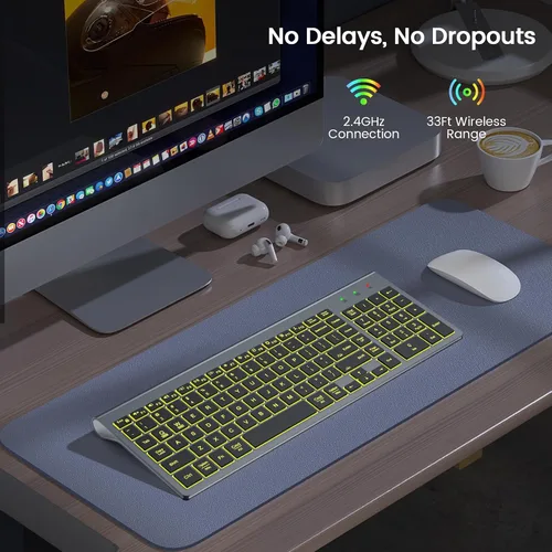 Vista 7 de SABLUTE Teclado Inalámbrico con 7 Luces Traseras de Color, Teclado de Computadora Compacto, Silencioso, Recargable, Inalámbrico, con Teclas