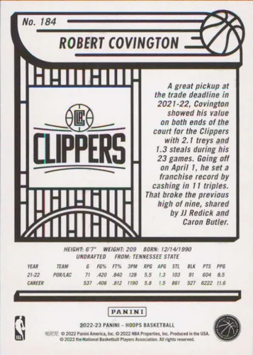 Vista 2 de 2022-23 Panini NBA Hoops #184 Robert Covington Los Angeles Clippers Officially Licensed Basketball Card