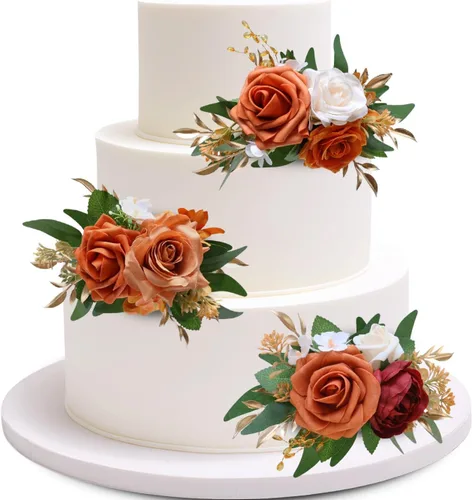 Vista 13 de Marriwise 3 piezas de flores prefabricadas, decoración de pastel de boda rosa baya, decoración de flores artificiales para boda, ceremonia