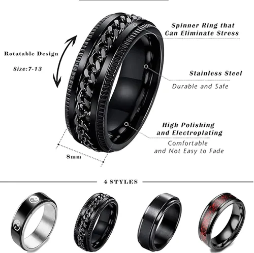 Vista 3 de HUXICUI 4-Pcs Wedding Band Ring Set for Men Womens Fidget Spinner Rings for Anxiety Stress Relief Black Engagement Ring Set
