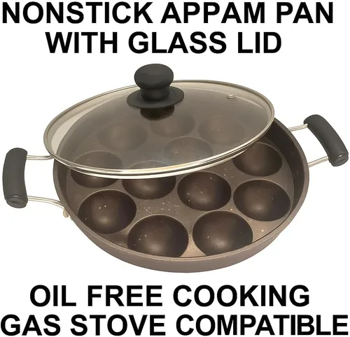 Vista 7 de G & D GD Appam Patra Appam - Molde antiadherente con tapa de cristal, para panqueques Appa Chetty Paniyaral, 12 cavidades de diámetro de 9 pulgadas
