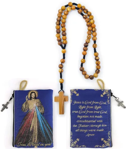 Vista 2 de Bolsa de rosario con cuerda católica de madera de olivo, rosario de Israel, Jesús Rey del Universo y creo en Dios, tela tejida, estilo tapiz, bolsa
