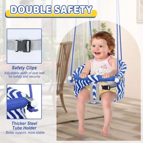 Vista 2 de Cómodo asiento de columpio para niños, columpio de bebé resistente, columpios de árbol colgantes de lona with Adjustable Rope, Safety Harness