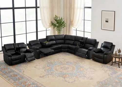 Vista 19 de Juego de sofá seccional reclinable manual, juegos de muebles de sala de estar, sofá seccional en forma de L y 2 sillas, cómodo sofá reclinable