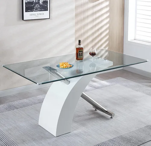 Vista 9 de Mesa de comedor moderna de cristal para 6, mesa rectangular de cocina de 63 pulgadas con mesa de vidrio templado y base de pedestal de madera, base