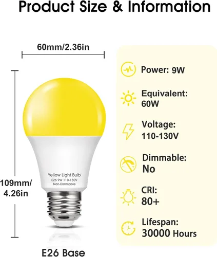 Vista 7 de Bombillas LED amarillas para insectos en el exterior, bombilla LED amarilla A19 para exteriores, equivalente a 60 W, luces amarillas ámbar de 9 W