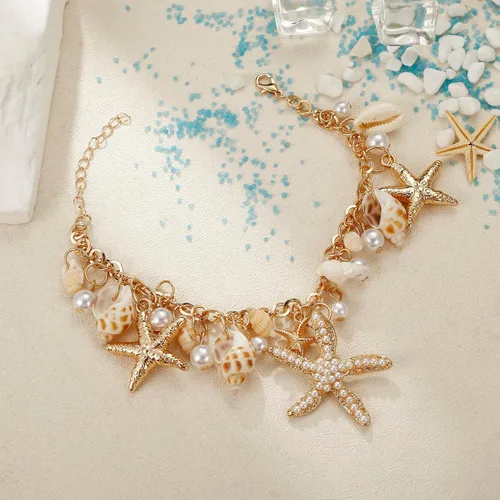 Vista 4 de Collar de estrella de mar de concha, pulsera de caracola, collar grueso de sirena, joyería de playa para mujer