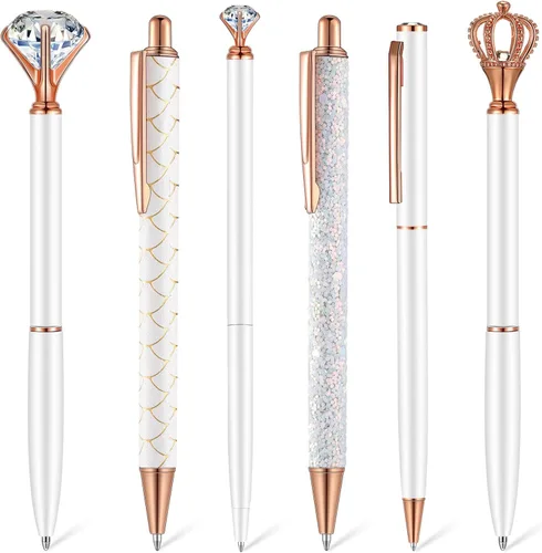 Vista 16 de Qeeenar Juego de 6 bolígrafos de bola de metal con cristales de diamante para diario, bonitos y brillantes, elegantes artículos de papelería, tinta