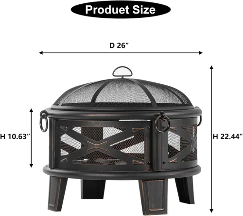 Vista 2 de Breezz Fogata de leña de 26 pulgadas con parrilla de cocina y pantalla de chispas, hoguera redonda de metal para exteriores, patio, fiesta