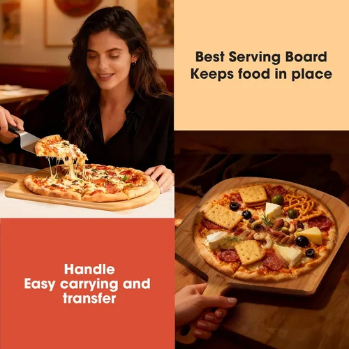 Vista 6 de Pala de pizza de bambú de 16 pulgadas, tabla grande de 16 pulgadas con mango largo, borde biselado fácil de deslizar para hornear, transferir