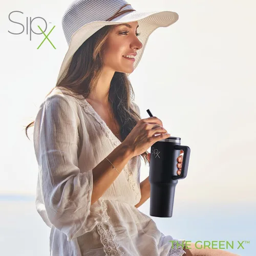 Vista 4 de SipX™ Vaso aislado de 30 onzas con asa y pajita, acero inoxidable aislado al vacío, a prueba de fugas, apto para portavasos - Perfecto para café