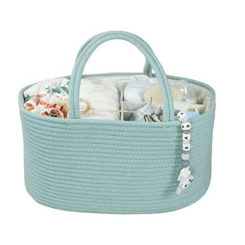 Vista 16 de Organizador de pañales para bebé con asa de cuerda de algodón para niña o niño, cesta de almacenamiento portátil para guardería, bolsa de pañales