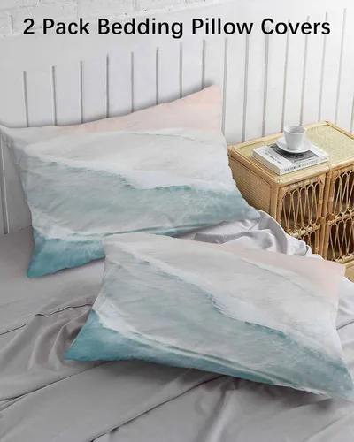 Vista 3 de DecorLovee Juego de 2 fundas de almohada de playa de verano, tamaño estándar, material de microfibra, oceánico, costero, aguamarina, beige, funda