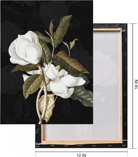 Vista 5 de ArtbyHannah Lienzo decorativo para pared, cuadros de flores, decoración de pared con magnolia blanca oscura, pintura floral para dormitorio, sala