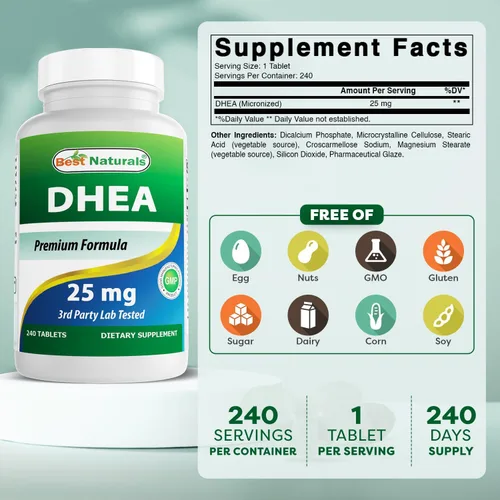 Vista 2 de Best Naturals Dhea 25mg Suplemento 240 tabletas - Apoya los niveles hormonales equilibrados para hombres y mujeres - Promueve un envejecimiento