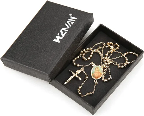 Vista 8 de HZMAN Gold Plated Dainty Choker Necklace Y-Shape Necklace Rosary Bead St. BenedictVirgin of Guadalupe Cross Pendant Adjustable Necklace for Women
