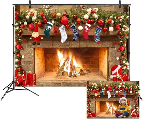 Vista 7 de LB Telones de fondo de chimenea de Navidad para fotografía de 5 x 3 pies, calcetines de árbol de Navidad, regalos de Año Nuevo, para niños