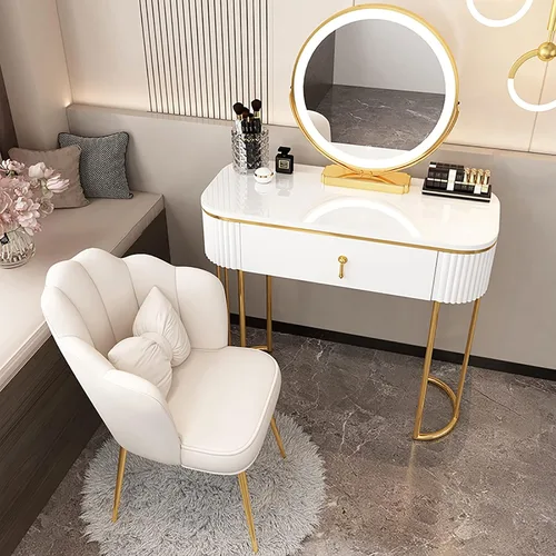 Vista 8 de Escritorio de tocador con espejo iluminado, mesa de tocador de lujo ligera con luces, 3 modos de iluminación de color, brillo ajustable, mesa